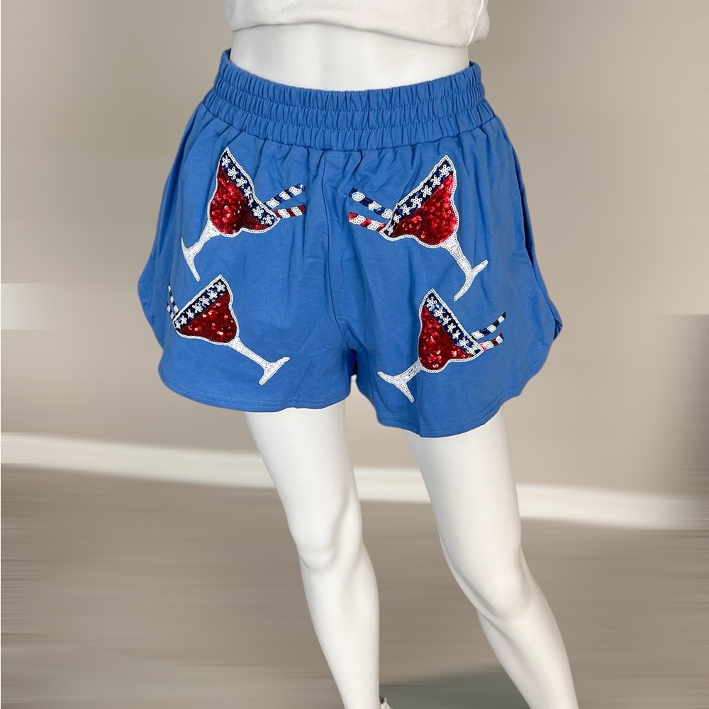 FANTASTIC FAWN patriotic blue sequin cocktail glass accent shorts S M L - Picture 6 of 10